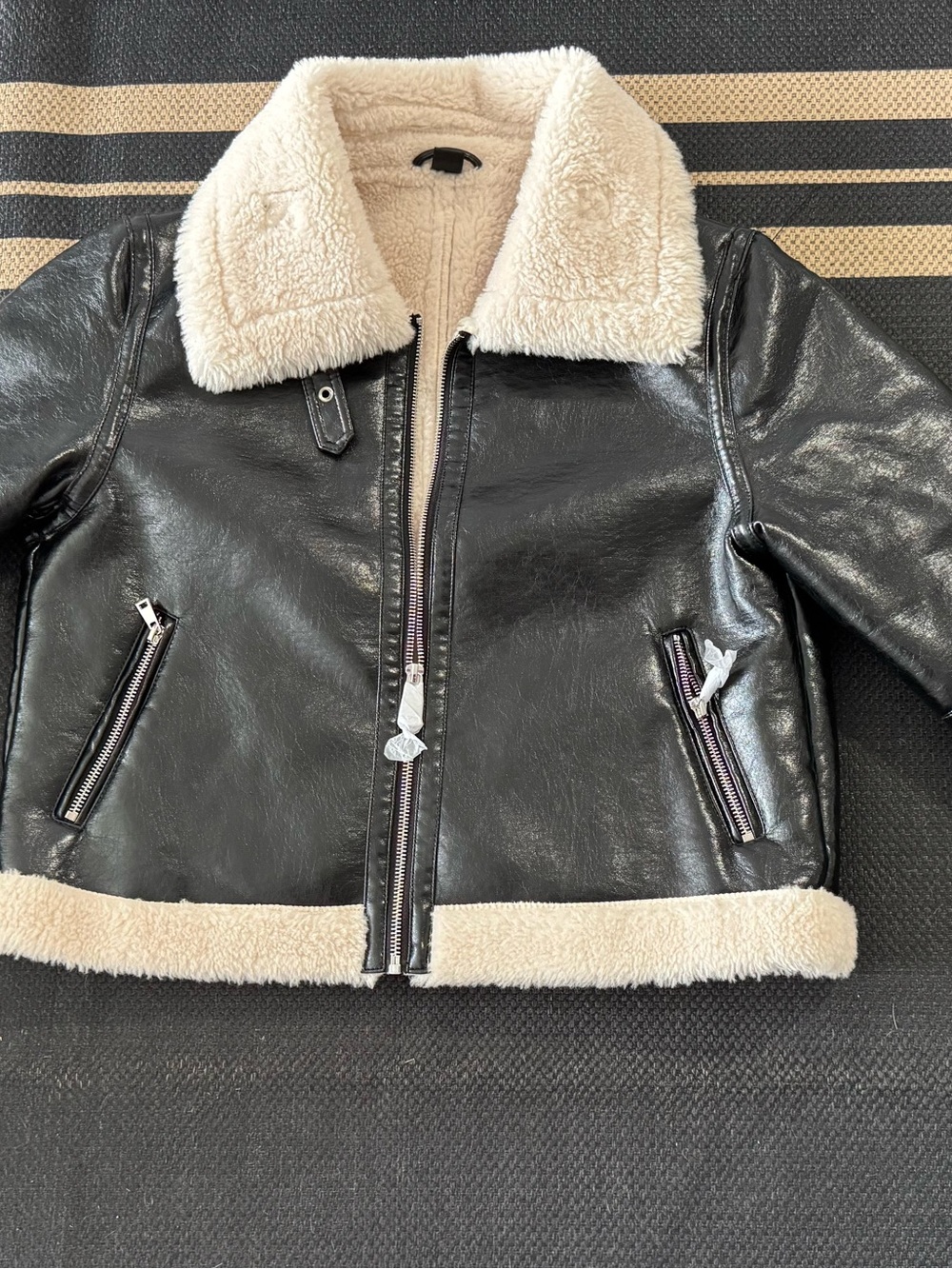 H&M Black Faux Leather Bomber Jacket with Cream Shearling Trim